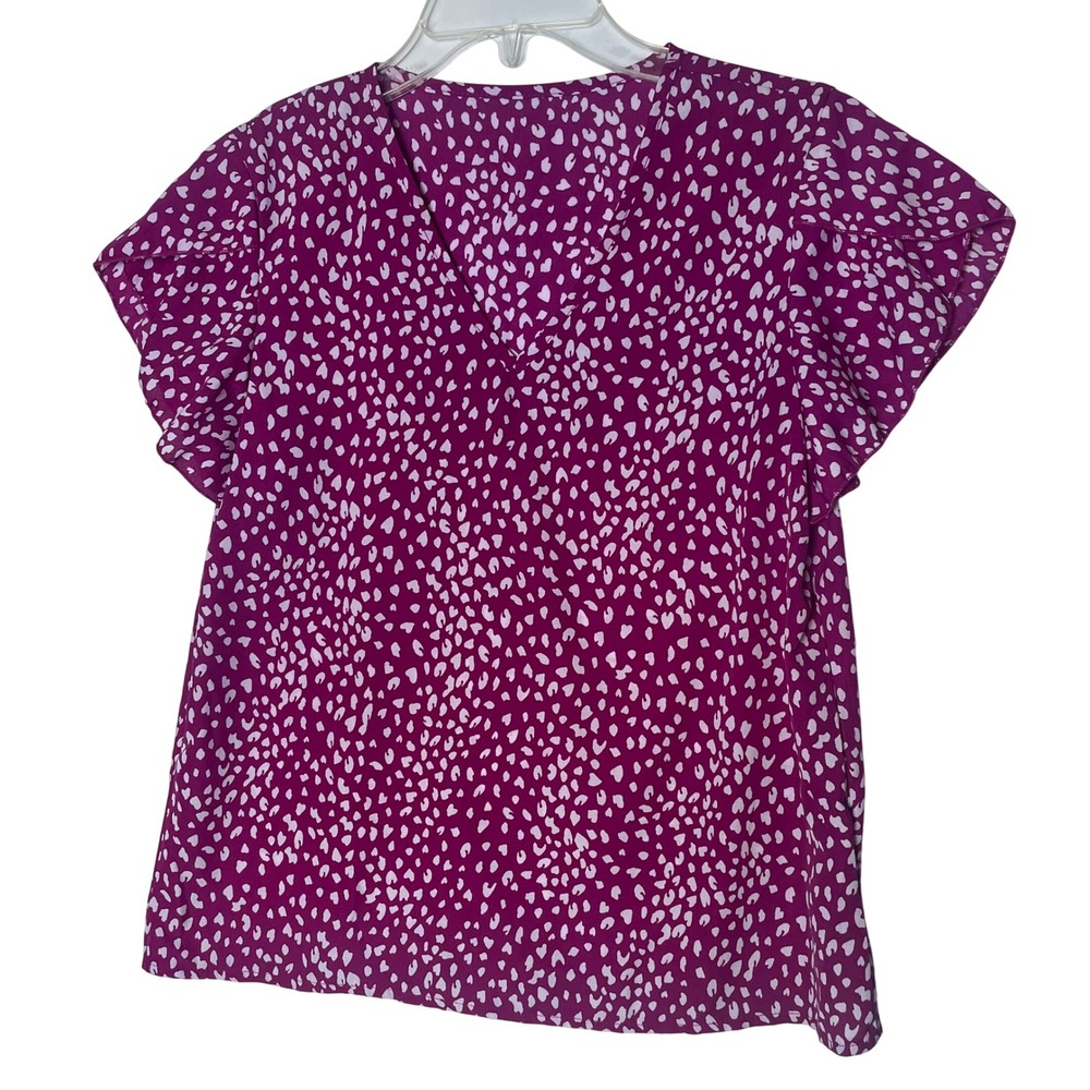 SHEIN Womens V-Neck‎ Flutter Sleeve Blouse Magenta Heart Print Top Size S